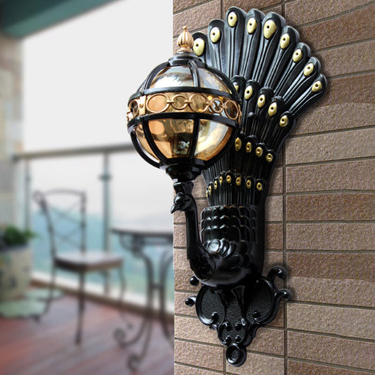 Peacock Backplate Amber Glass Wall Light in Black - Outdoor Ball Lighting with 1 Bulb