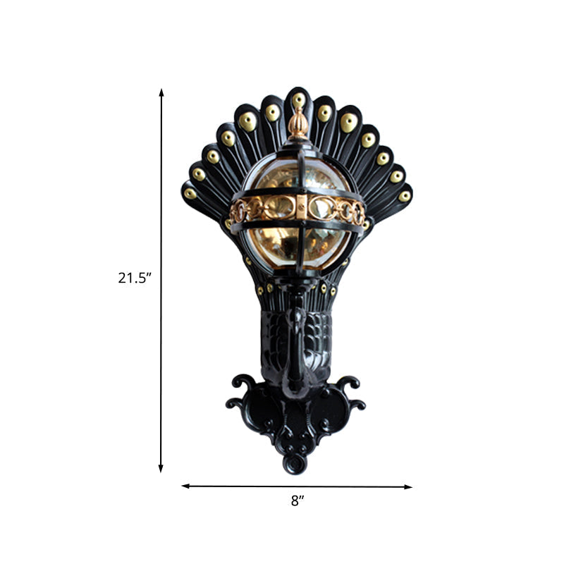 Peacock Backplate Amber Glass Wall Light in Black - Outdoor Ball Lighting with 1 Bulb