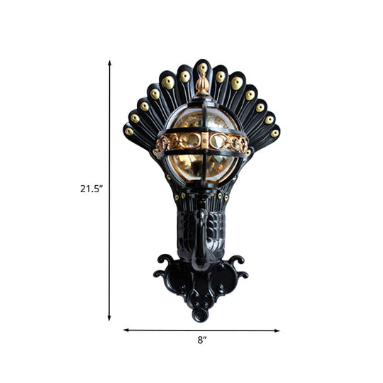 Peacock Backplate Amber Glass Wall Light in Black - Outdoor Ball Lighting with 1 Bulb