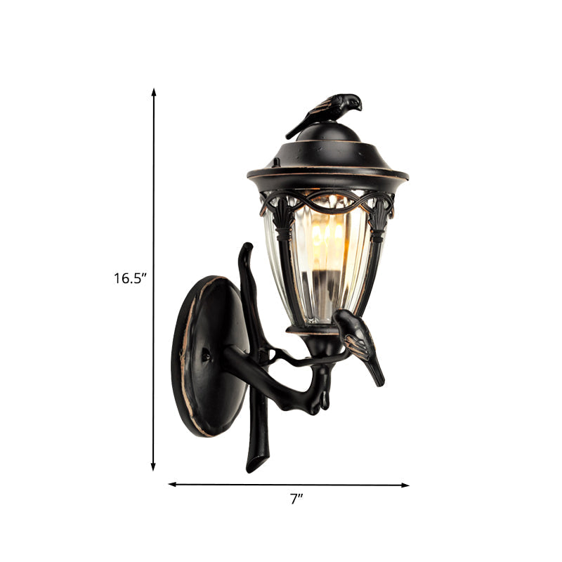 Countryside 1-Light Black Clear Glass Urn Wall Sconce with Bird Decor, Perfect for Patio Wall Lighting