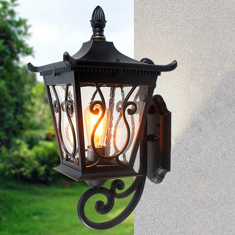 Birdcage Outdoor Wall Lamp - Lodge Clear Water Glass - Single Light - Black Wall Sconce - Up/Down Lighting