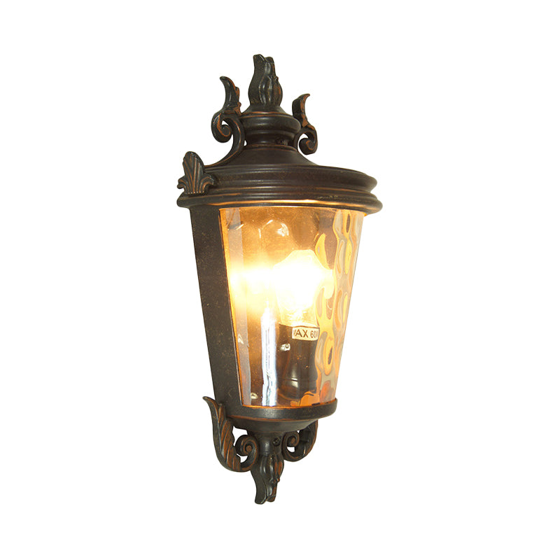 Amber Glass Country Lantern Sconce in Brown and Black: 1-Light Wall Lighting