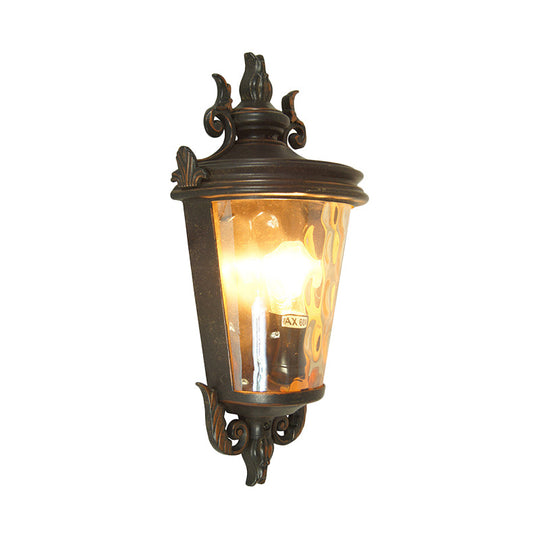 Amber Glass Country Lantern Sconce in Brown and Black: 1-Light Wall Lighting