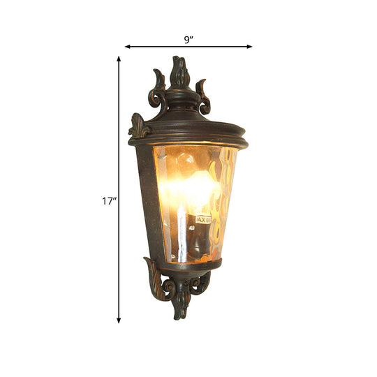 Amber Glass Country Lantern Sconce in Brown and Black: 1-Light Wall Lighting