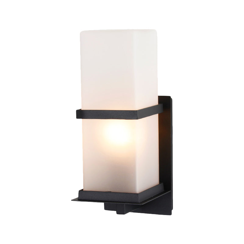 White Glass Wall Light with Black Rectangle Frame for Courtyards