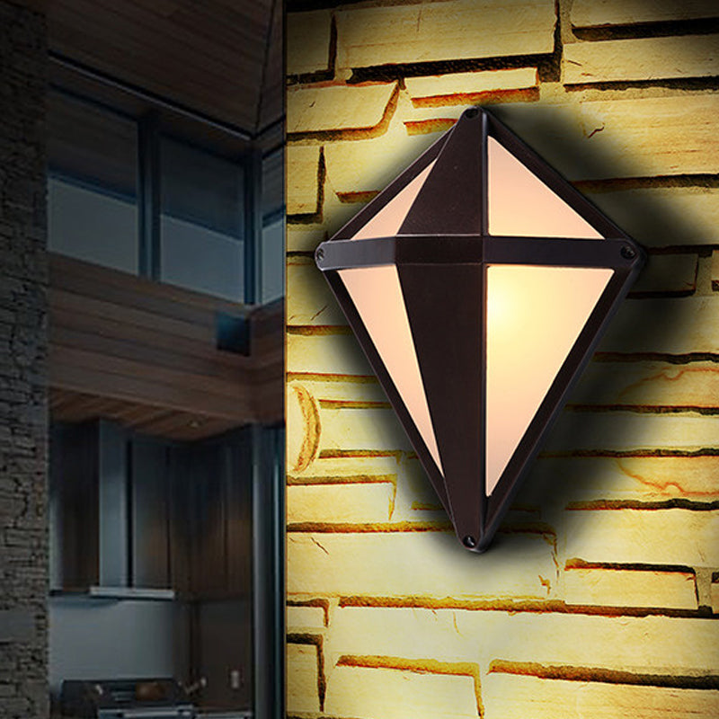 Rustic Opal Glass Wall Sconce with Dark Coffee Diamond Design - 1-Light Balcony Lighting Fixture