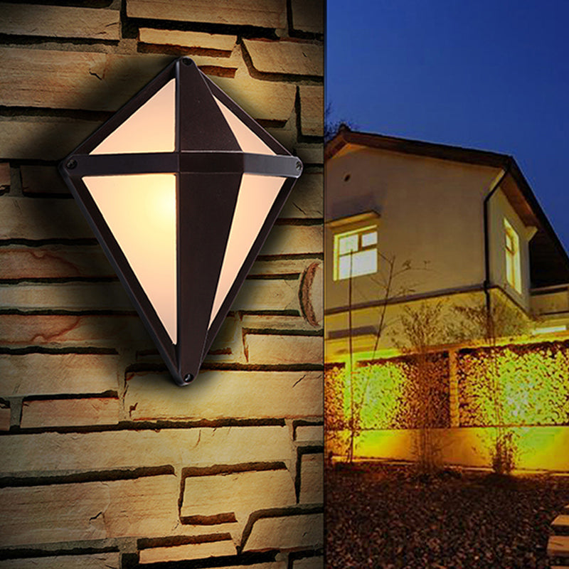 Rustic Opal Glass Wall Sconce with Dark Coffee Diamond Design - 1-Light Balcony Lighting Fixture