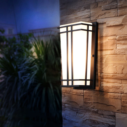 Rustic White Glass Trapezoid Wall Light: Flush Mount for Patio, Textured Black Finish