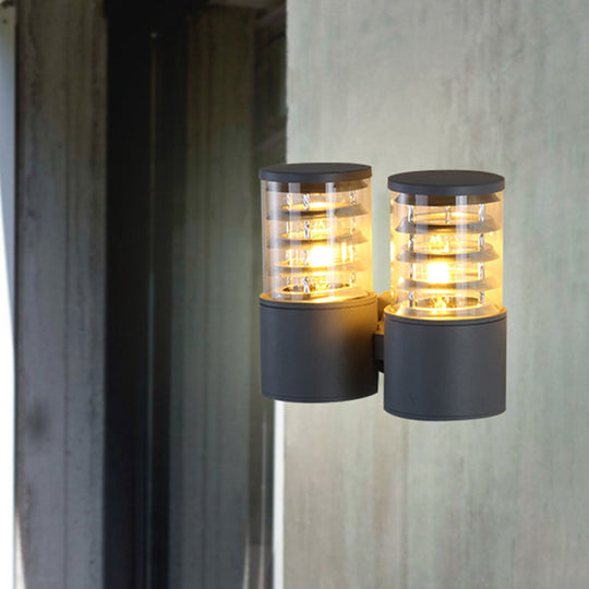 Clear Glass Cylinder Wall Sconce - 2-Light Outdoor Lamp in Grey with Inner Multi Circle Design
