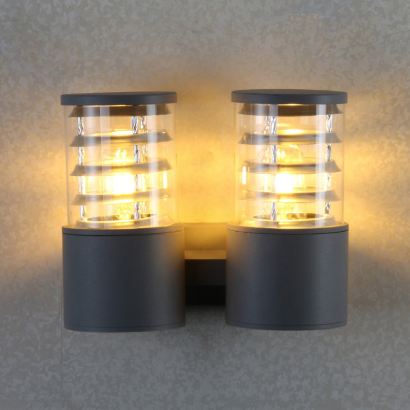 Clear Glass Cylinder Wall Sconce - 2-Light Outdoor Lamp in Grey with Inner Multi Circle Design