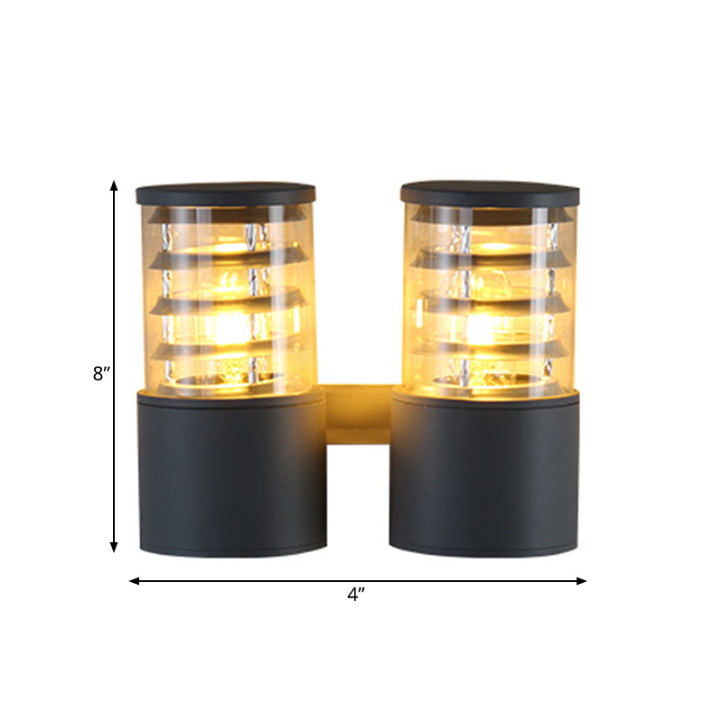 Clear Glass Cylinder Wall Sconce - 2-Light Outdoor Lamp in Grey with Inner Multi Circle Design