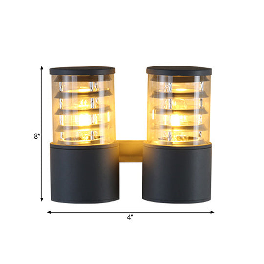 Clear Glass Cylinder Wall Sconce - 2-Light Outdoor Lamp in Grey with Inner Multi Circle Design