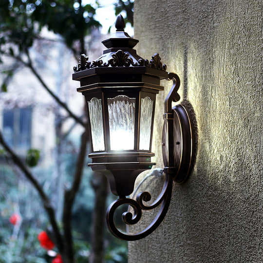 Vintage Country Lantern Wall Light with Clear Water Glass & Scrolled Arm - Dark Coffee Finish