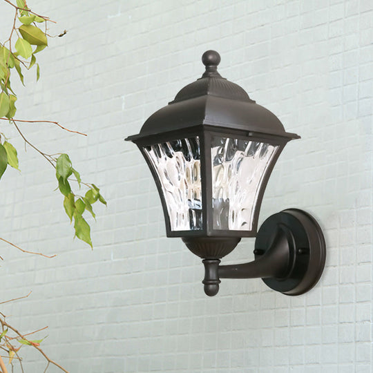 1-Bulb Cottage Yard Sconce Light with Lantern Glass Shade in Dark Coffee