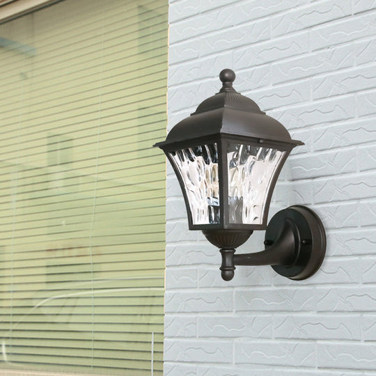 1-Bulb Cottage Yard Sconce Light with Lantern Glass Shade in Dark Coffee