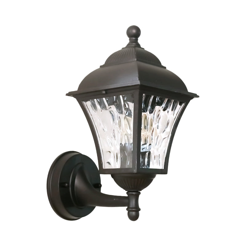1-Bulb Cottage Yard Sconce Light with Lantern Glass Shade in Dark Coffee