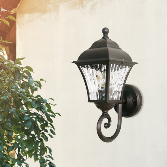 1-Bulb Cottage Yard Sconce Light with Lantern Glass Shade in Dark Coffee