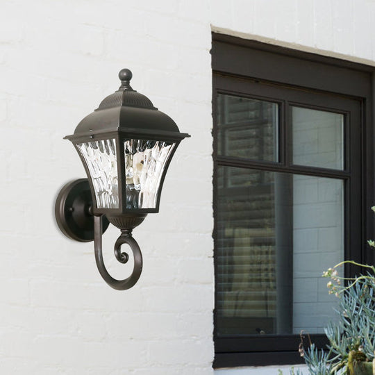 1-Bulb Cottage Yard Sconce Light with Lantern Glass Shade in Dark Coffee