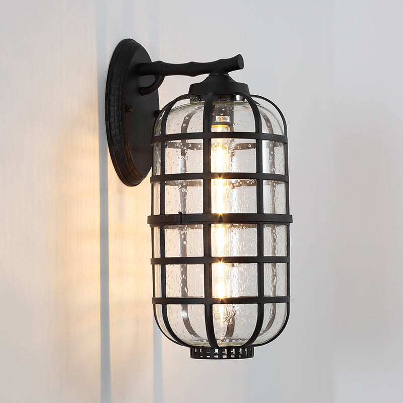 Farmhouse Lantern Courtyard Wall Mount Lamp with Clear Bubble Glass - Black/Coffee Metal Cage, 1 Bulb Wall Lighting Solution