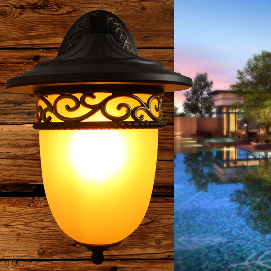 1-Head Rustic Elongated Dome Outdoor Wall Lamp in Black with Frosted Glass