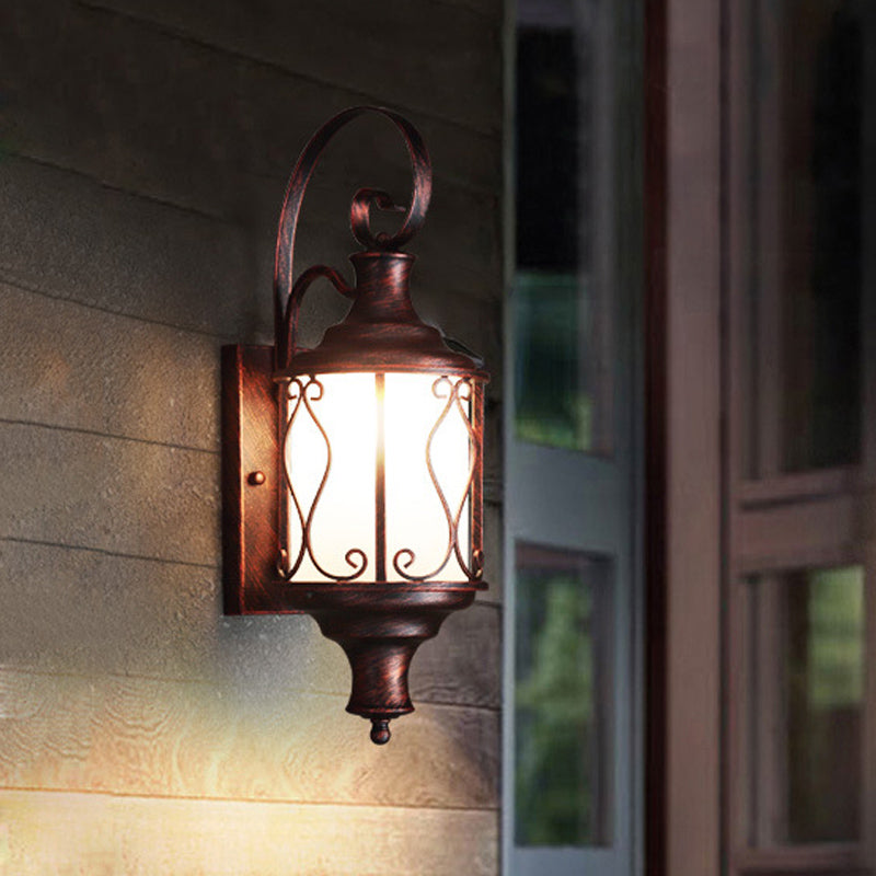 Traditional Opal Glass Lantern Wall Mounted Patio Light - 1-Light Wall Lighting in Black/Rust