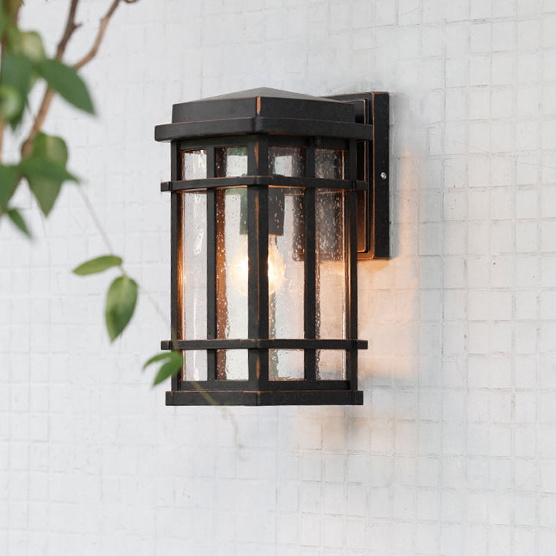 1-Bulb Black Farmhouse Wall Light with Clear Seedy Glass and Metal Frame