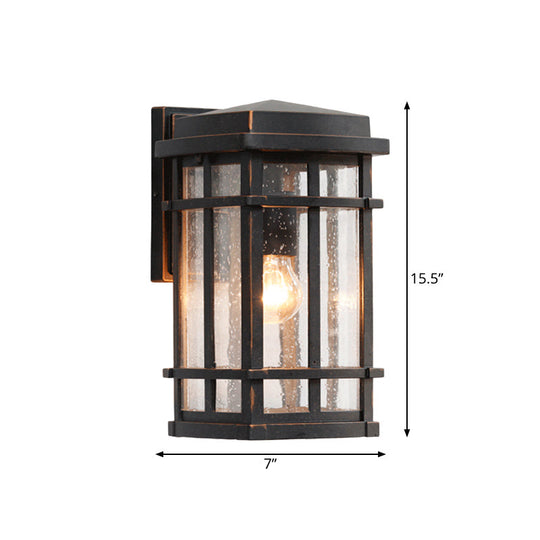 1-Bulb Black Farmhouse Wall Light with Clear Seedy Glass and Metal Frame