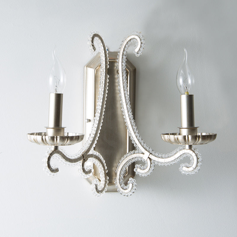 Traditional Crystal Strand Wall Mounted Bedroom Light with Silver Candelabra Design