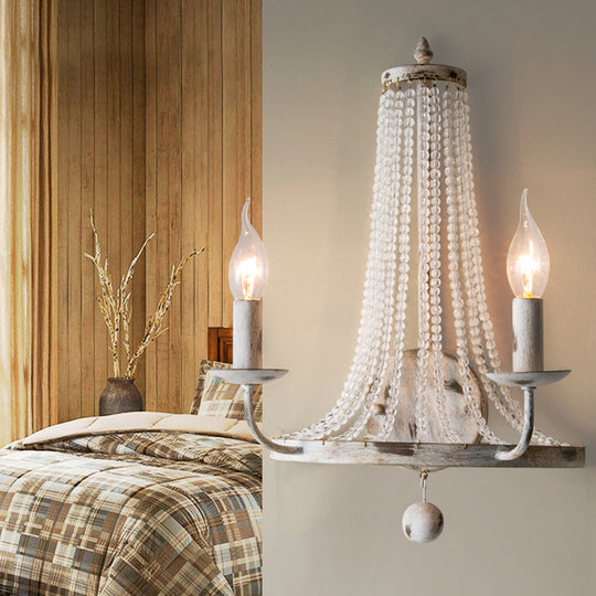 Crystal Strand Wall Sconce Lamp: Countryside 2-Light Bedroom Lighting in White, Candle Design
