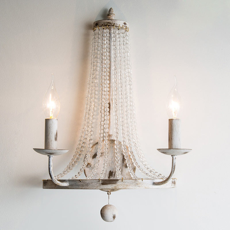 Crystal Strand Wall Sconce Lamp: Countryside 2-Light Bedroom Lighting in White, Candle Design