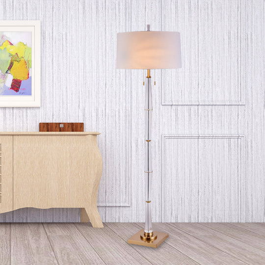 Modern White Fabric Floor Lamp with Crystal Rod and Pull Chain - Elegant Minimalist Design, 2 Bulbs for Living Room