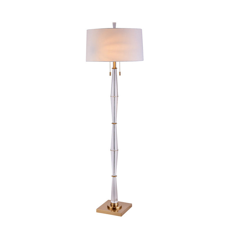 Modern White Fabric Floor Lamp with Crystal Rod and Pull Chain - Elegant Minimalist Design, 2 Bulbs for Living Room