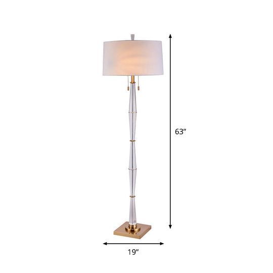 Modern White Fabric Floor Lamp with Crystal Rod and Pull Chain - Elegant Minimalist Design, 2 Bulbs for Living Room
