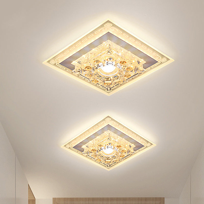 Crystal Clear LED Foyer Ceiling Light with Minimalist Pattern Edge and Square/Polygon Flush Mount
