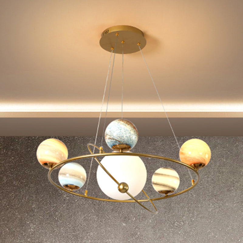 Stained Glass Solar System Ceiling Pendant Light for Kids' Bedroom - Gold Chandelier Lighting