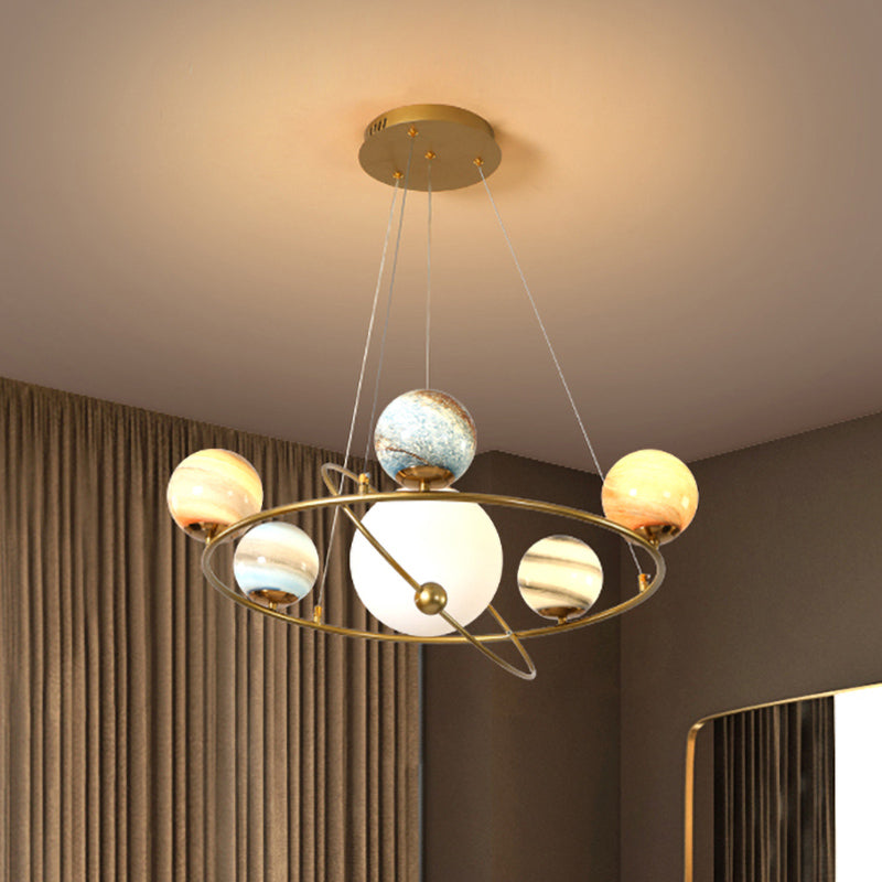 Stained Glass Solar System Ceiling Pendant Light for Kids' Bedroom - Gold Chandelier Lighting