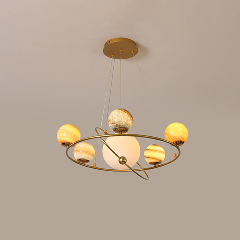 Stained Glass Solar System Ceiling Pendant Light for Kids' Bedroom - Gold Chandelier Lighting