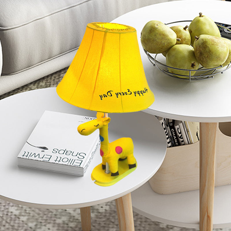 Addison - Giraffe Flared Script-Print Fabric Table Lighting Kids Single-Bulb Yellow/Blue/Pink Night Lamp with Giraffe Base