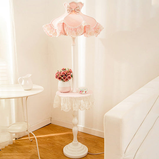 Nordic Pink Lace-Trimmed Stand Up Lamp with White Wood Table - Floor Light, 1 Bulb