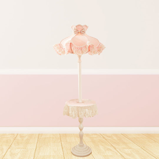 Nordic Pink Lace-Trimmed Stand Up Lamp with White Wood Table - Floor Light, 1 Bulb