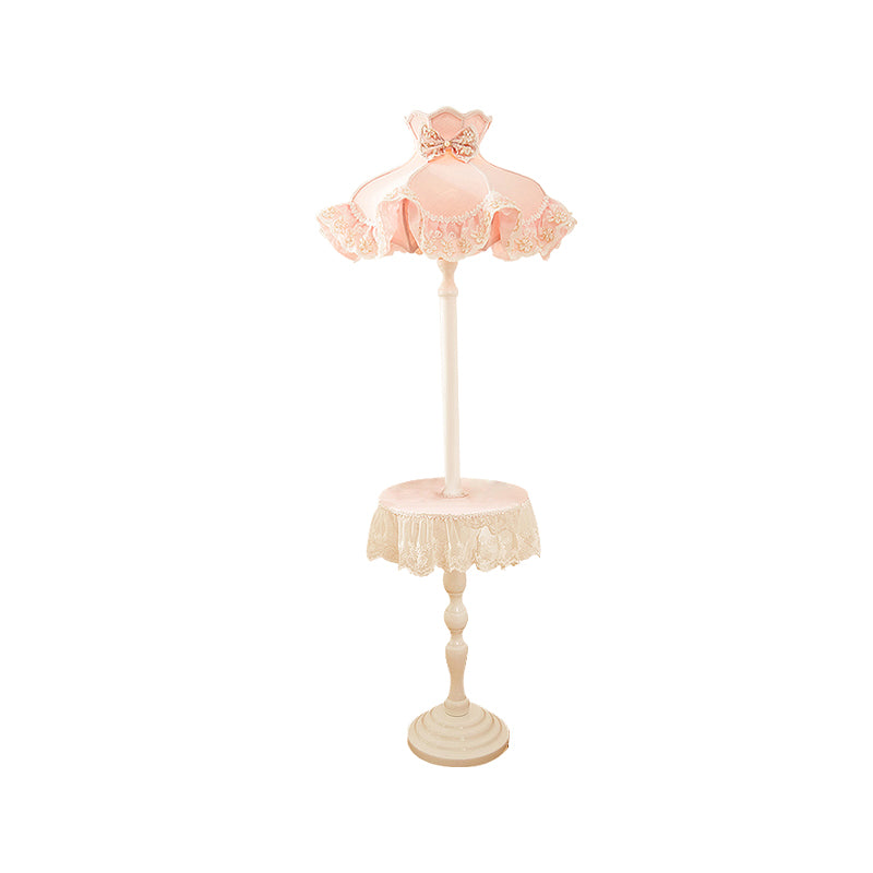 Nordic Pink Lace-Trimmed Stand Up Lamp with White Wood Table - Floor Light, 1 Bulb