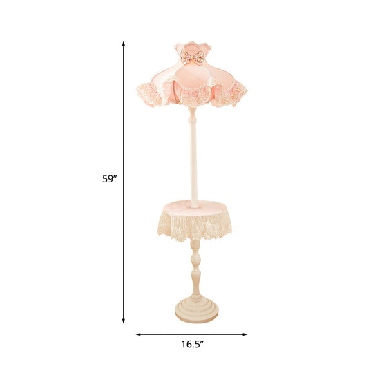Nordic Pink Lace-Trimmed Stand Up Lamp with White Wood Table - Floor Light, 1 Bulb