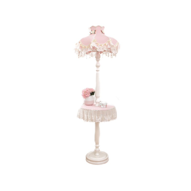 Pink-White Fringe Dress Girl's Bedroom Floor Lamp with Table - Kids Style Standing Light