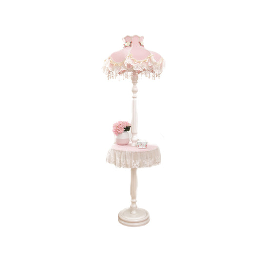 Pink-White Fringe Dress Girl's Bedroom Floor Lamp with Table - Kids Style Standing Light