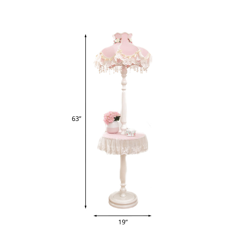 Pink-White Fringe Dress Girl's Bedroom Floor Lamp with Table - Kids Style Standing Light