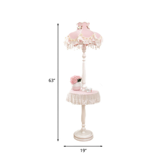 Pink-White Fringe Dress Girl's Bedroom Floor Lamp with Table - Kids Style Standing Light