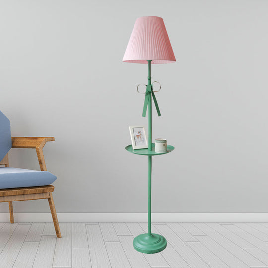 Kids Iron Single Green Floor Lamp with Pleated Beige/Pink Shade - Ribbon Floor Standing Light