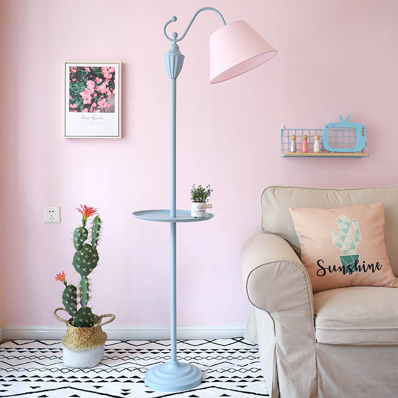 Truncated Cone Shade Floor Lamp in Macaron Fabric - Pink/Blue/Yellow | 1 Bulb, Storage Tray | Ideal for Living Room Lighting