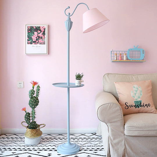 Truncated Cone Shade Floor Lamp in Macaron Fabric - Pink/Blue/Yellow | 1 Bulb, Storage Tray | Ideal for Living Room Lighting
