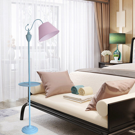 Truncated Cone Shade Floor Lamp in Macaron Fabric - Pink/Blue/Yellow | 1 Bulb, Storage Tray | Ideal for Living Room Lighting